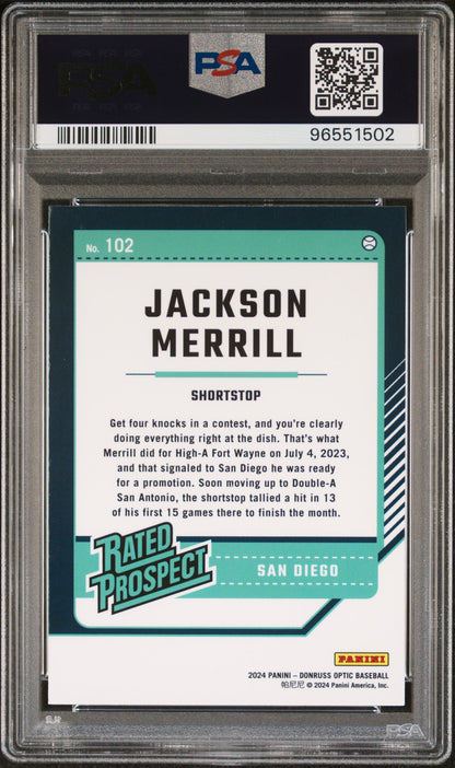 Graded 2024 Panini Donruss Jackson Merrill #102 Optic Rookie RC Baseball Card PSA 10 Gem Mint