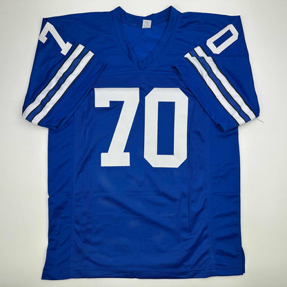 Autographed/Signed Rayfield Wright HOF 06 Dallas Blue Football Jersey JSA COA