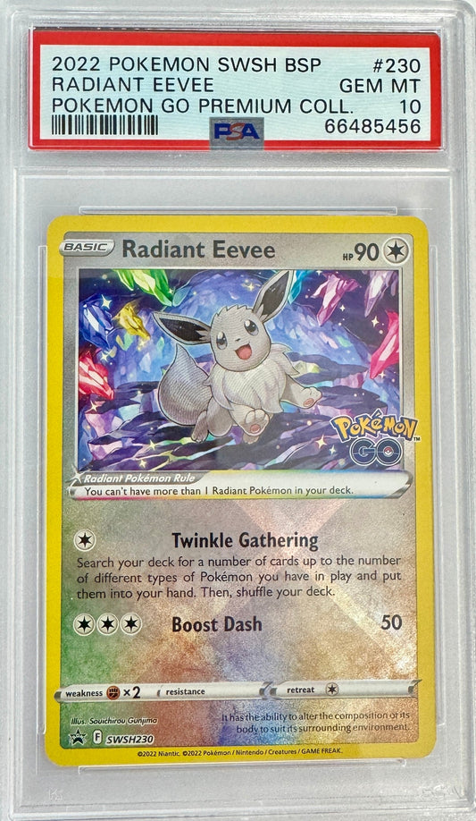 Graded 2022 PKM SWSH BSP Radiant Eevee #230 PKM GO Premium Collection Trading Card Game PSA 10 Gem Mint