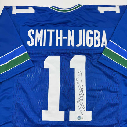 Autographed/Signed Jaxon Smith-Njigba Seattle Blue Retro Football Jersey Beckett BAS COA