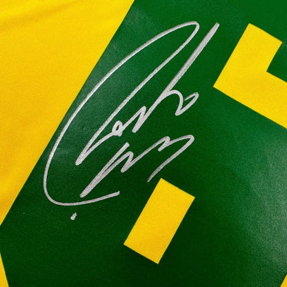 Autographed/Signed Roberto Carlos Brazil Yellow Retro Soccer Jersey Beckett BAS COA