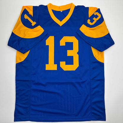 Autographed/Signed Kurt Warner St. Louis Blue Football Jersey JSA COA