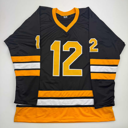 Autographed/Signed Adam Oates "HOF 12" Boston Black Hockey Jersey Beckett BAS COA