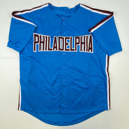 Autographed/Signed Greg Luzinski 80 WS Champs Philadelphia Retro Blue Baseball Jersey JSA COA