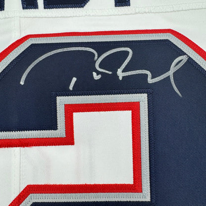 Framed Autographed/Signed Tom Brady 35x39 New England Patriots White Authentic Nike Limited Football Jersey Fanatics COA