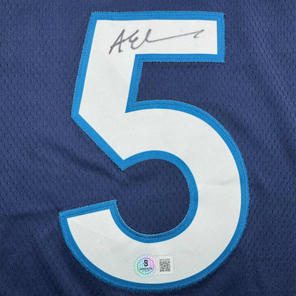 Autographed/Signed Anthony Edwards Minnesota Blue Basketball Jersey Beckett BAS COA
