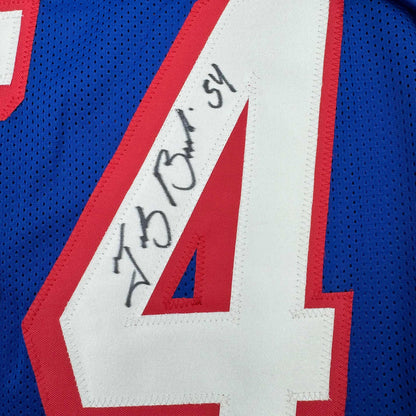 Autographed/Signed Tedy Bruschi New England Retro Blue Football Jersey Beckett BAS COA
