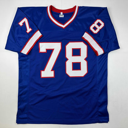 Autographed/Signed Bruce Smith HOF 09 Buffalo Blue Football Jersey Beckett BAS COA