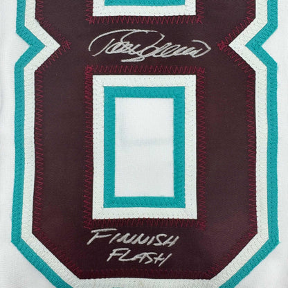 Framed Autographed/Signed Teemu Selanne Finnish Flash 35x39 Anaheim White Retro Hockey Jersey JSA COA