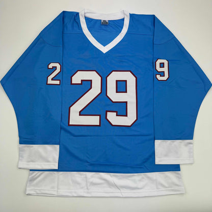 Autographed/Signed Nathan MacKinnon Colorado Blue Hockey Jersey JSA COA