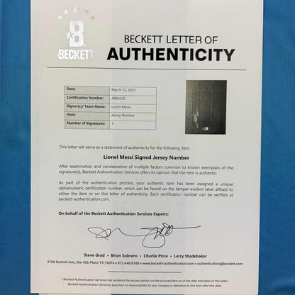 Autographed/Signed Lionel Leo Messi Argentina Blue/White Soccer Jersey Beckett BAS COA/LOA