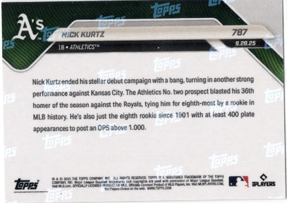 2025 Topps Now Nick Kurtz #787 Orange Foil /25 Athletics Rookie RC Baseball Card