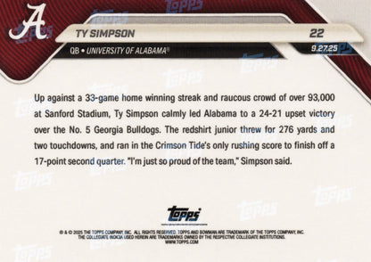 2025 Topps Bowman U Now Ty Simpson #22 Black Foil /10 Alabama Crimson Tide Rookie RC Football Card