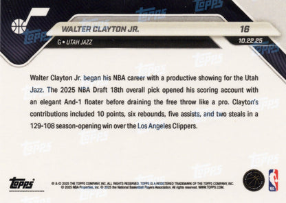2025 Topps Now Walter Clayton Jr #16 Gold Foil /50 Utah Jazz Rookie RC Basketball Card