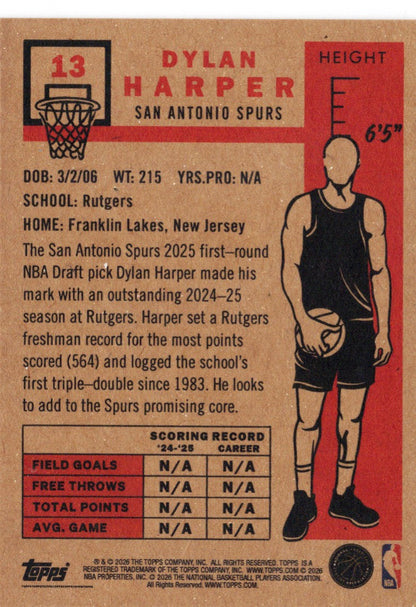 2025 Topps Living Dylan Harper #13 Yellow SSP Rare Background San Antonio Spurs Rookie RC Basketball Card