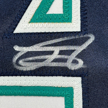 Framed Autographed/Signed Julio Rodriguez 35x39 Seattle White Baseball Jersey JSA COA