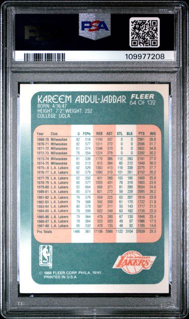 Graded 1988 Fleer Kareem Abdul Jabbar #64 Basketball Card PSA 8 NM-MT