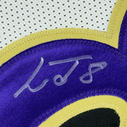 Framed Autographed/Signed Lamar Jackson 35x39 Baltimore White Football Jersey JSA COA