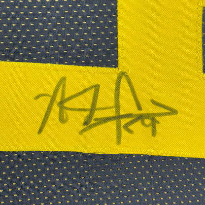Framed Autographed/Signed Adam Pacman Jones 35x39 West Virginia Blue College Football Jersey JSA COA