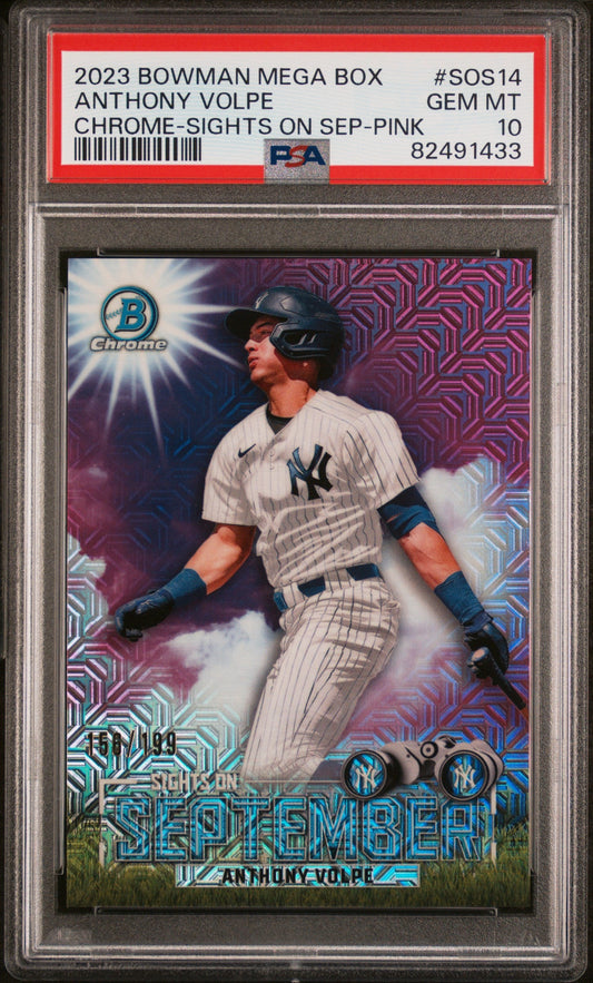 Graded 2023 Topps Bowman Mega Box Anthony Volpe #SOS14 Chrome Sights on September Pink #/199 Rookie RC Baseball Card PSA 10 Gem Mint