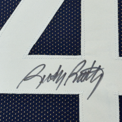Framed Autographed/Signed Rudy Ruettiger 35x39 Notre Dame Blue Rudy College Football Jersey JSA COA