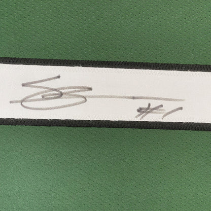 Framed Autographed/Signed Ahmad Sauce Gardner 35x39 New York Green Football Jersey Beckett BAS COA