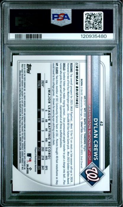 Graded 2025 Topps Bowman Mega Box Dylan Crews #42 Purple Refractor /250 Rookie RC Baseball Card PSA 10 Gem Mint