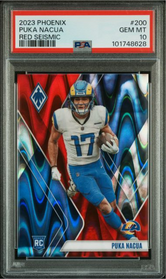 Graded 2023 Panini Phoenix Puka Nacua #200 Red Seismic /199 Rookie RC Football Card PSA 10 Gem Mint