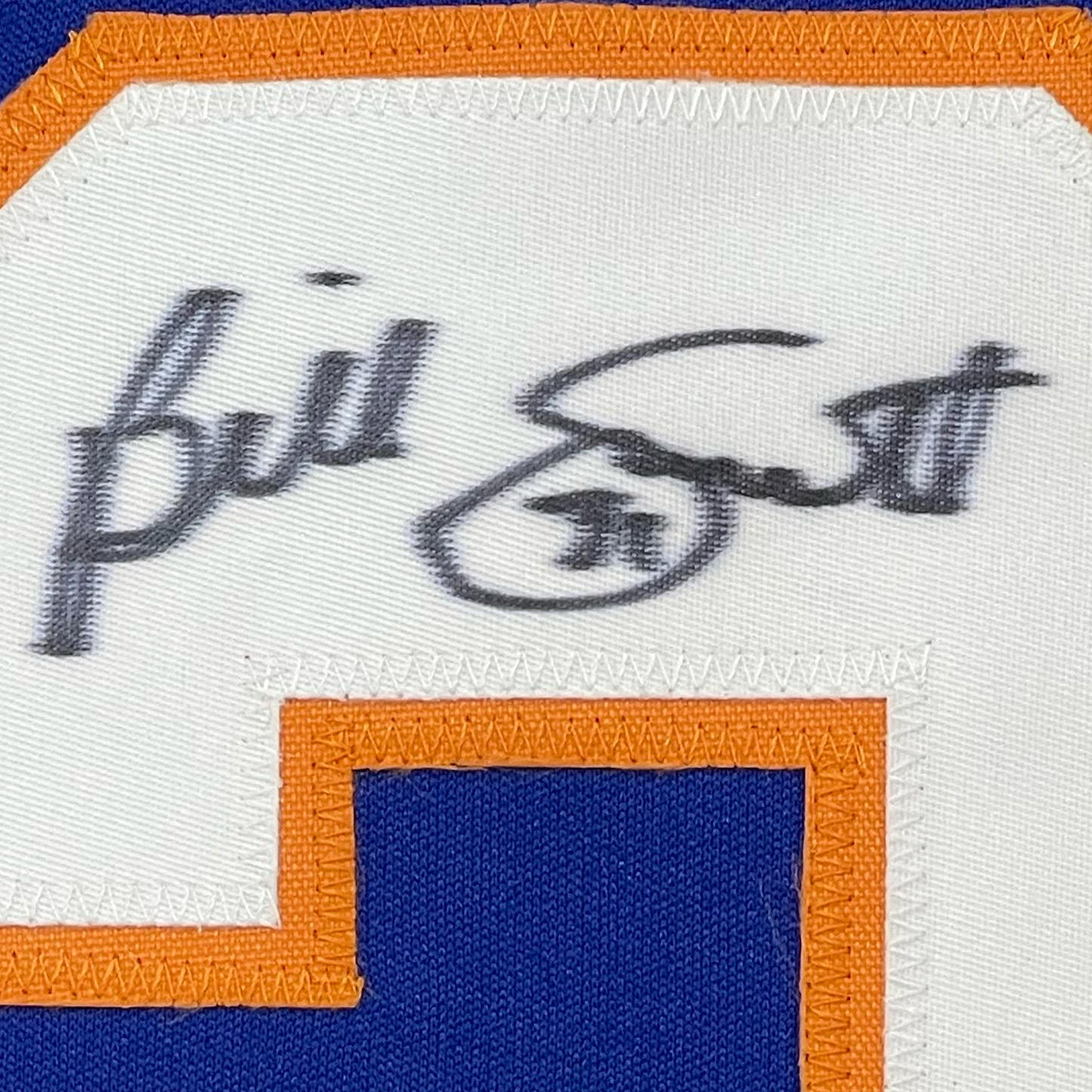 Framed Autographed/Signed Billy Smith 35x39 New York Blue Hockey Jersey JSA COA