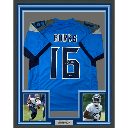 Framed Autographed/Signed Treylon Burks 35x39 Tennessee Light Blue Football Jersey Beckett BAS COA