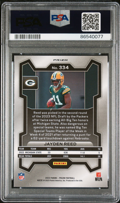 Graded 2023 Panini Prizm Jayden Reed #334 Disco Rookie RC Football Card PSA 10 Gem Mint