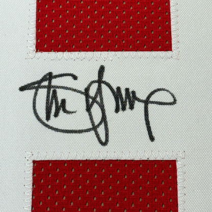 Framed Autographed/Signed Steve Young 35x39 San Francisco Red Football Jersey JSA COA