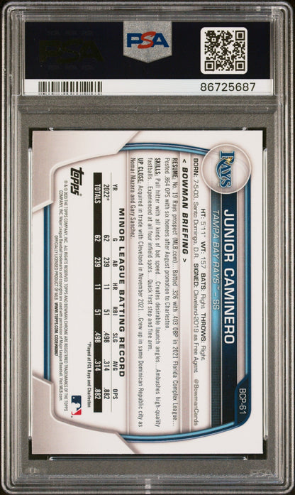 Graded 2023 Topps Bowman Chrome M/B Junior Caminero #61 Chrome Rookie RC Baseball Card PSA 10 Gem Mint