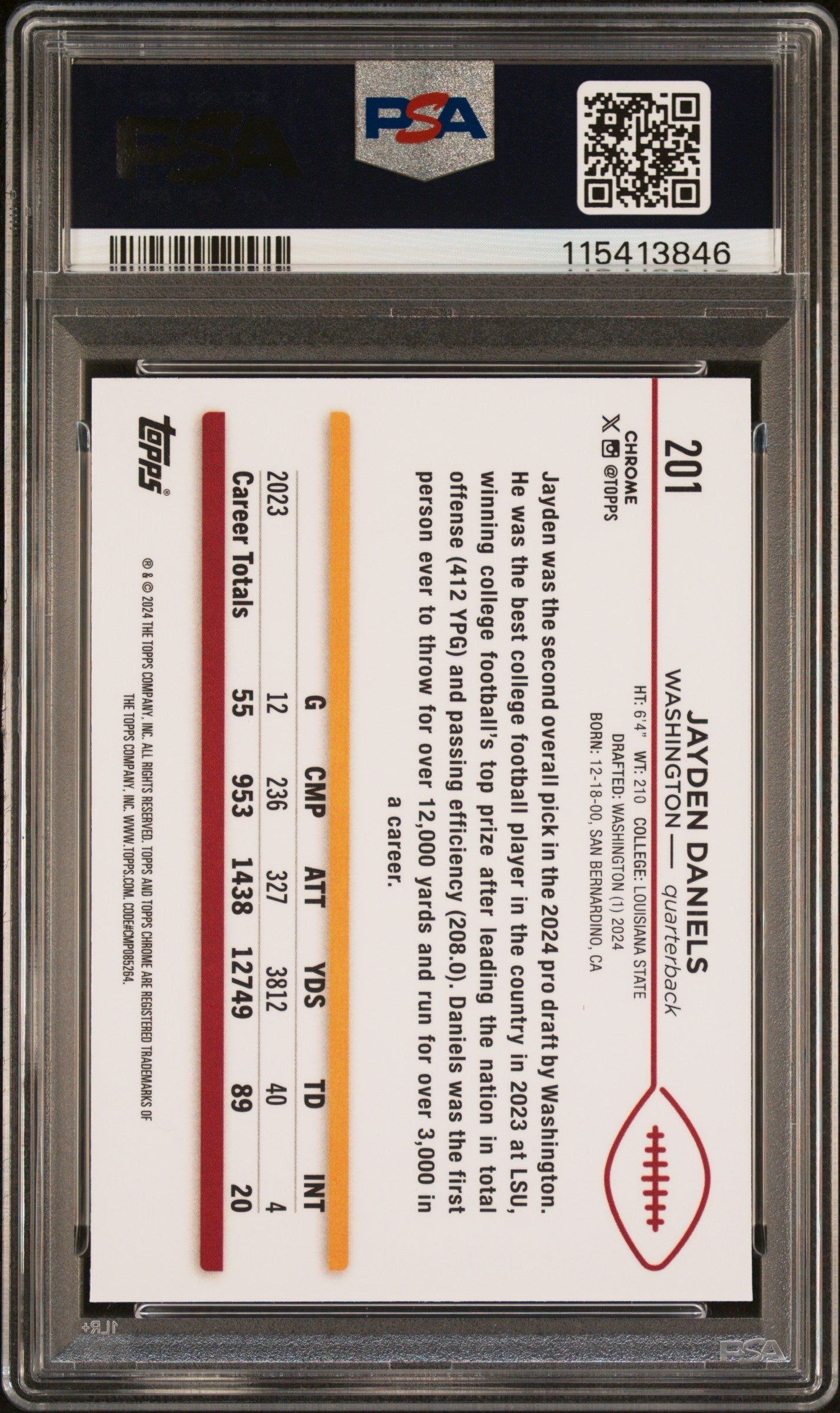 Graded 2024 Topps Chrome Jayden Daniels #201 Rookie RC Football Card PSA 9 Mint