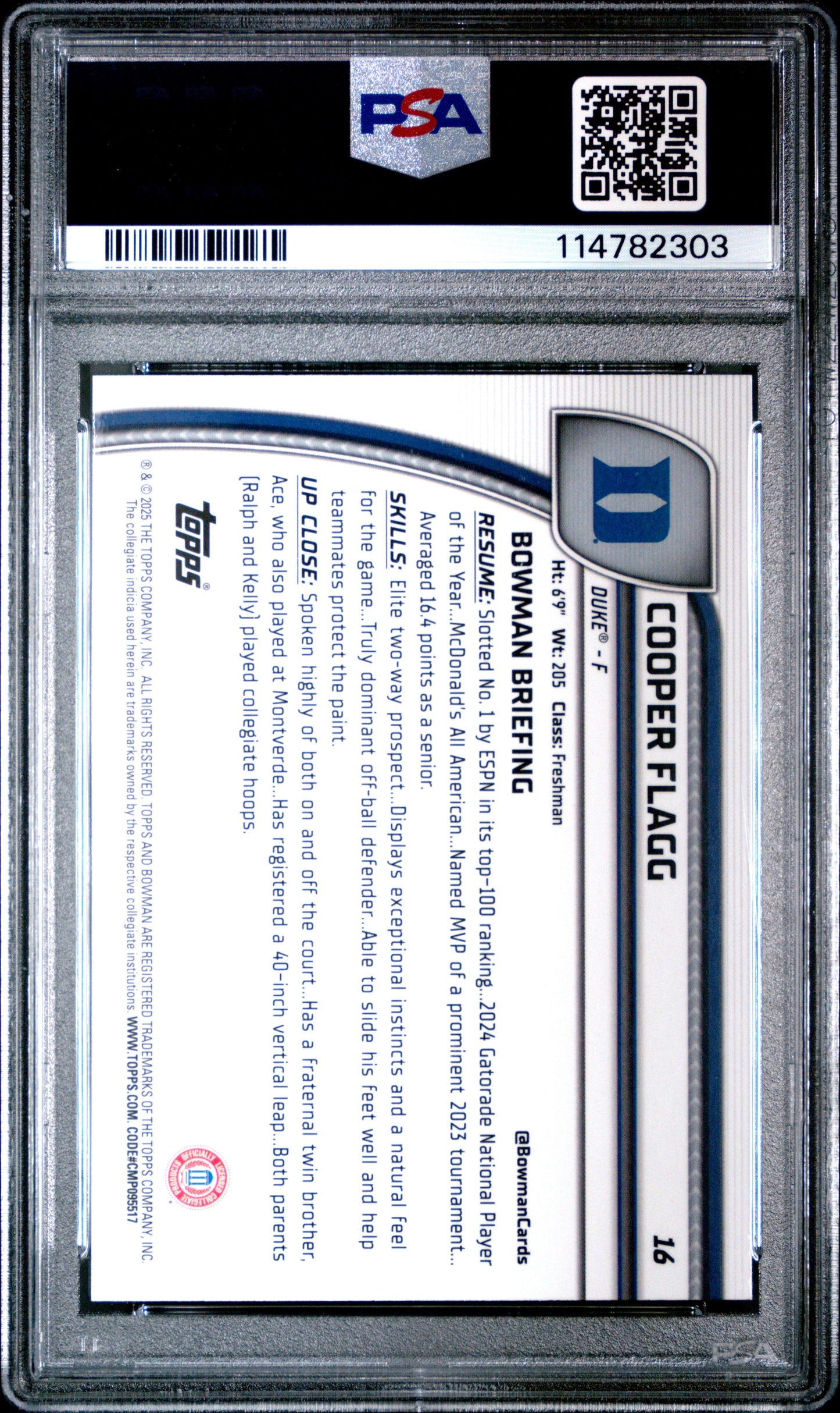 Graded 2024 Topps Bowman Chrome U Cooper Flagg #16 XFractor Rookie RC Basketball Card PSA 10 Gem Mint