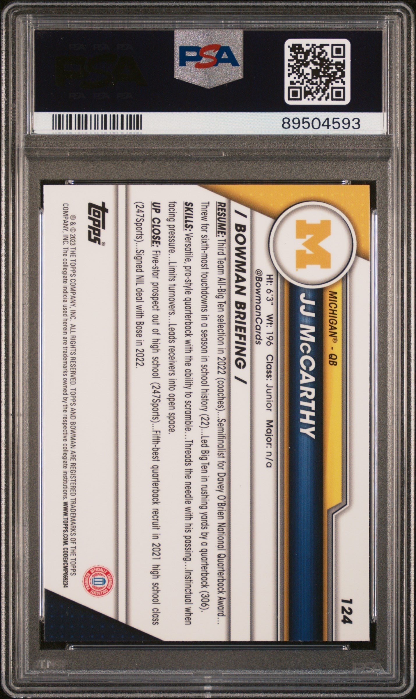 Graded 2023 Topps Bowman U Sapphire JJ McCarthy #124 Rookie RC Football Card PSA 10 Gem Mint