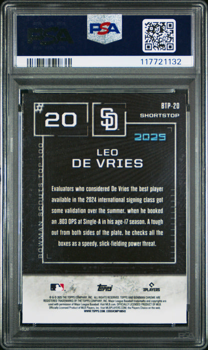 Graded 2025 Topps Bowman Leo De Vries #BTP20 Scouts Top 100 Rookie RC Baseball Card PSA 10 Gem Mint