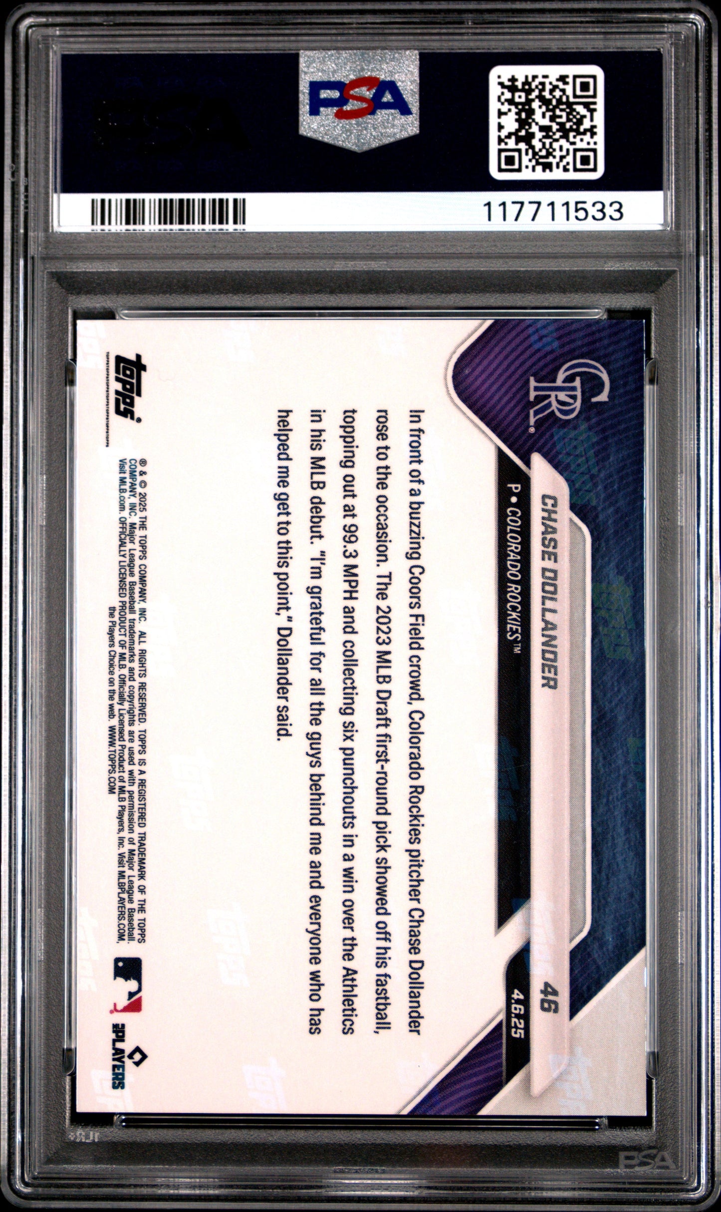 Graded 2025 Topps Now Chase Dollander #46 Orange Foil /25 Rookie RC Baseball Card PSA 10 Gem Mint