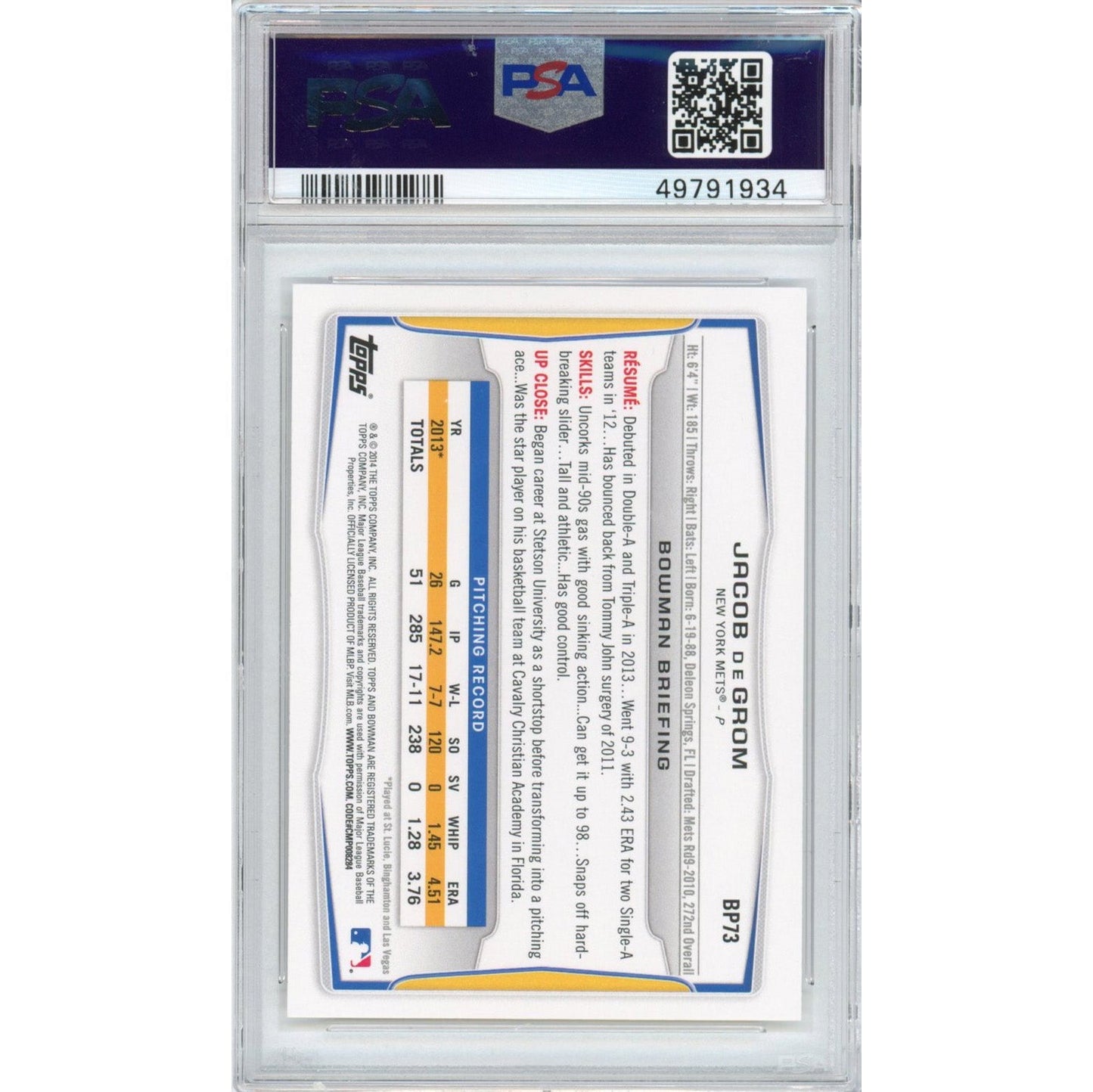 Graded 2014 Topps Bowman Prospects Jacob DeGrom #BP73 Rookie RC Baseball Card PSA 10 Gem Mint