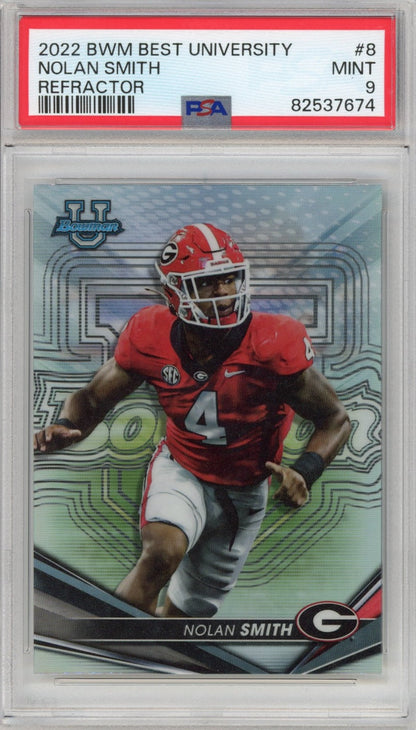 Graded 2022 Bowman Best University Nolan Smith #8 Refractor Rookie RC Football Card PSA 9 Mint