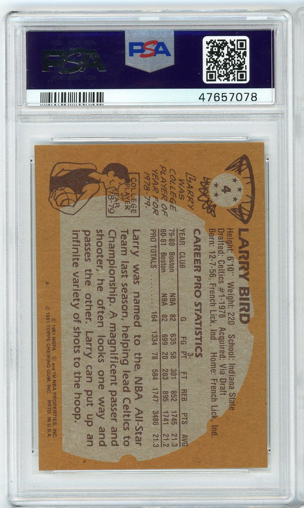 Graded 1981 Topps Larry Bird #4 2nd Year Basketball Card PSA 5 Excellent