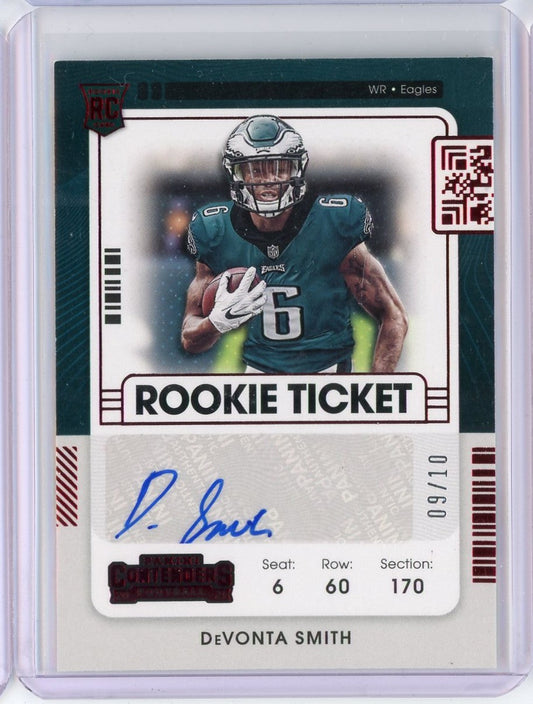 2021 Panini Contenders Red Variation Rookie Ticket Devonta Smith #107 /10 Auto Rookie RC Football Card