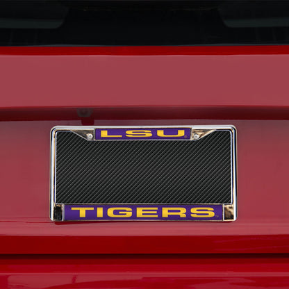 Louisiana State University Tigers LSU Metal License Plate Frame Chrome Tag Cover, Laser Acrylic Mirrored Inserts, 12x6 Inch