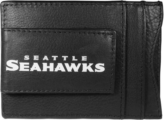 Seattle Seahawks Black Leather Wallet, Front Pocket Magnetic Money Clip, Printed Logo