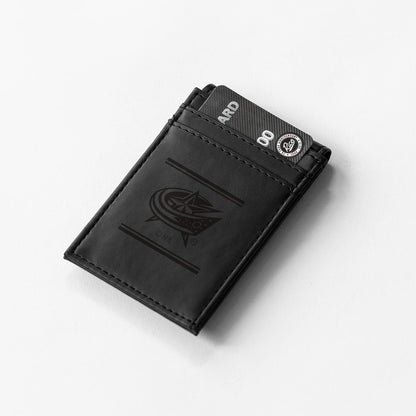 Columbus Blue Jackets Premium Black Leather Wallet, Front Pocket Magnetic Money Clip, Laser Engraved, Vegan