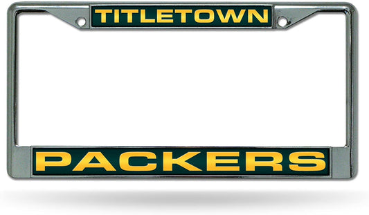 Green Bay Packers Titletown Chrome Metal License Plate Frame Tag Cover, Laser Acrylic Mirrored Inserts, 12x6 Inch