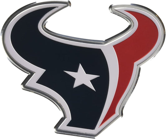 Houston Texans Auto Emblem, Aluminum Metal, Embossed Team Color, Raised Decal Sticker, Full Adhesive Backing