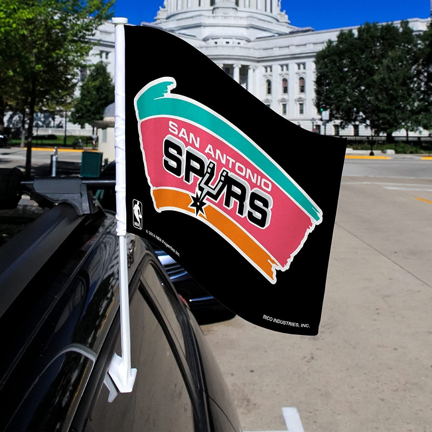 San Antonio Spurs Premium Double Sided Car Flag Banner, Retro Logo, Includes Plastic Display Pole