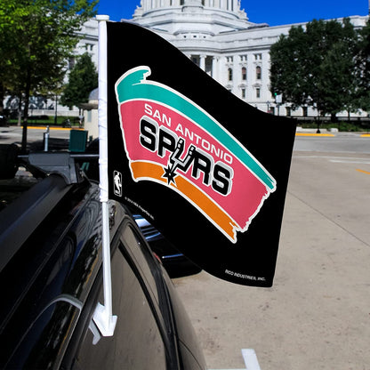 San Antonio Spurs Premium Double Sided Car Flag Banner, Retro Logo, Includes Plastic Display Pole
