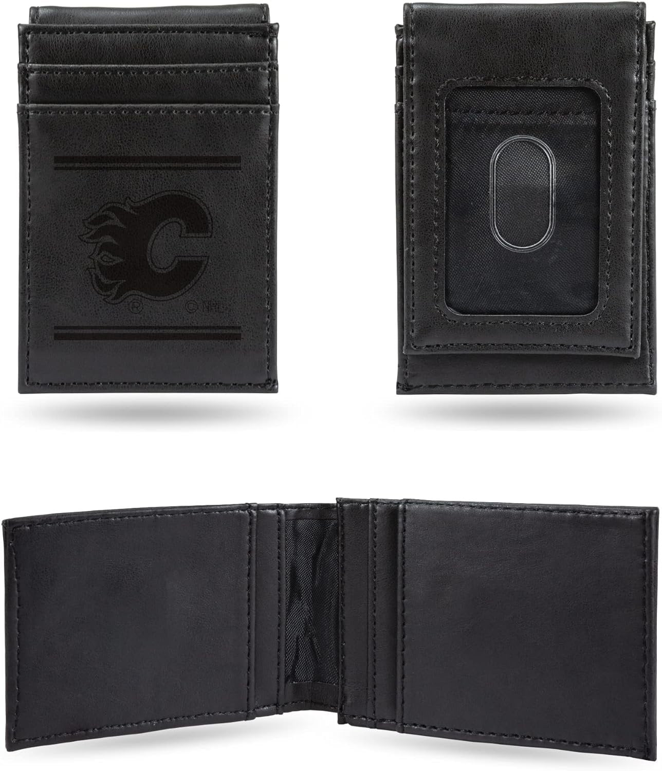 Calgary Flames Premium Black Leather Wallet, Front Pocket Magnetic Money Clip, Laser Engraved, Vegan